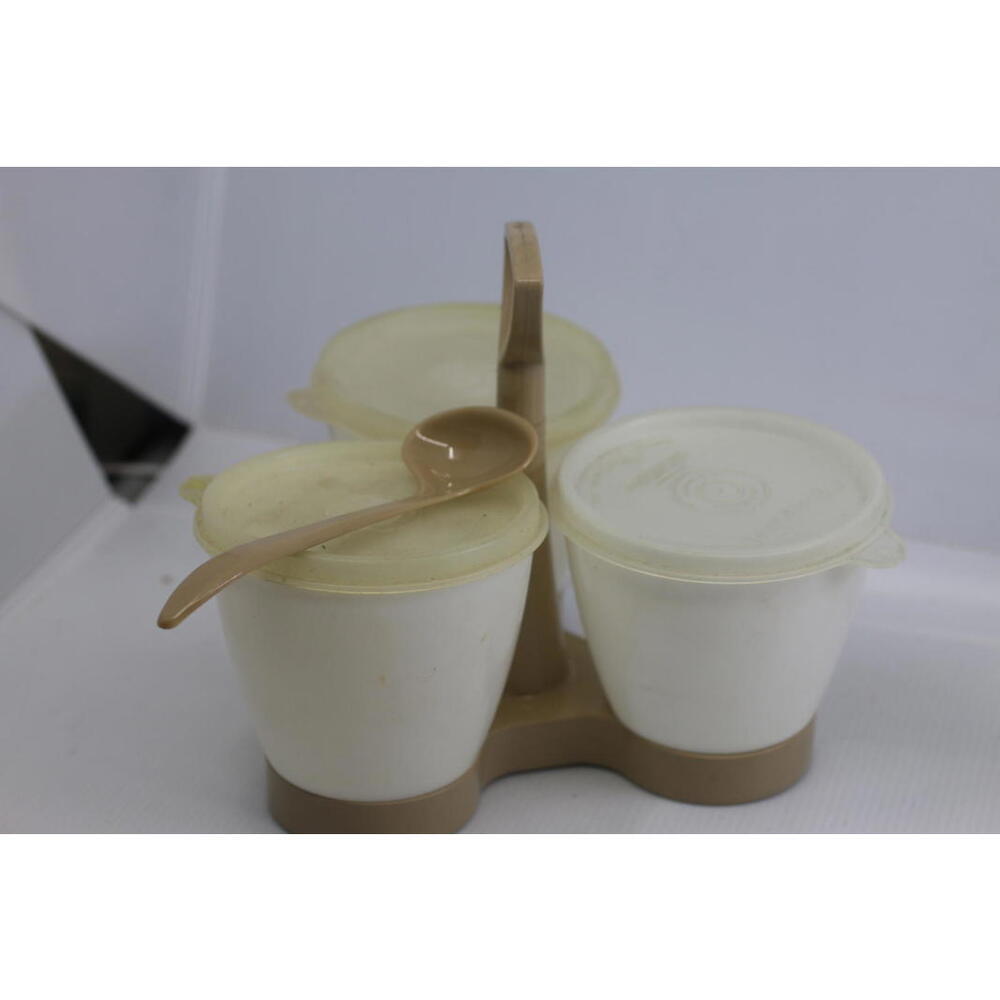VINTAGE TUPPERWARE #757 CONDIMENT CADDY W/HANDLE, CUPS, SPOON & LIDS - ALMOND